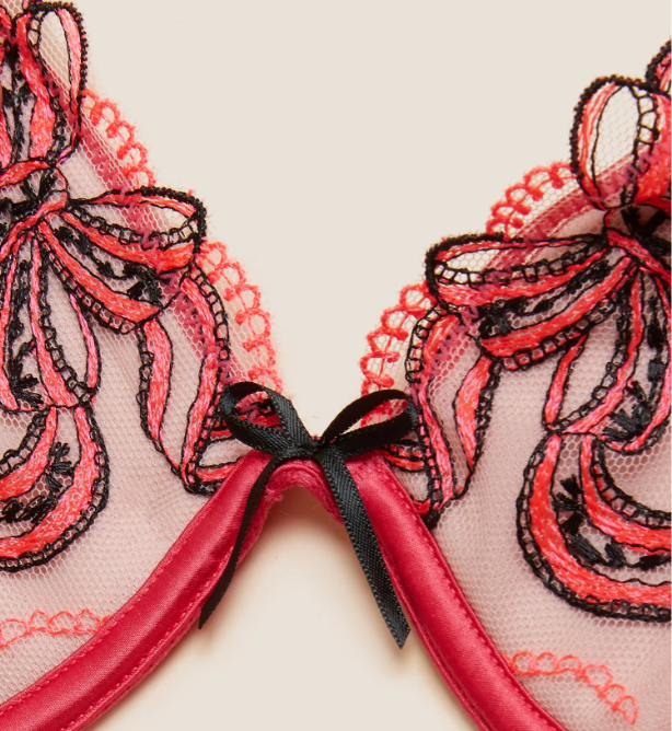 showing a embroidered bra with different details and fabrics